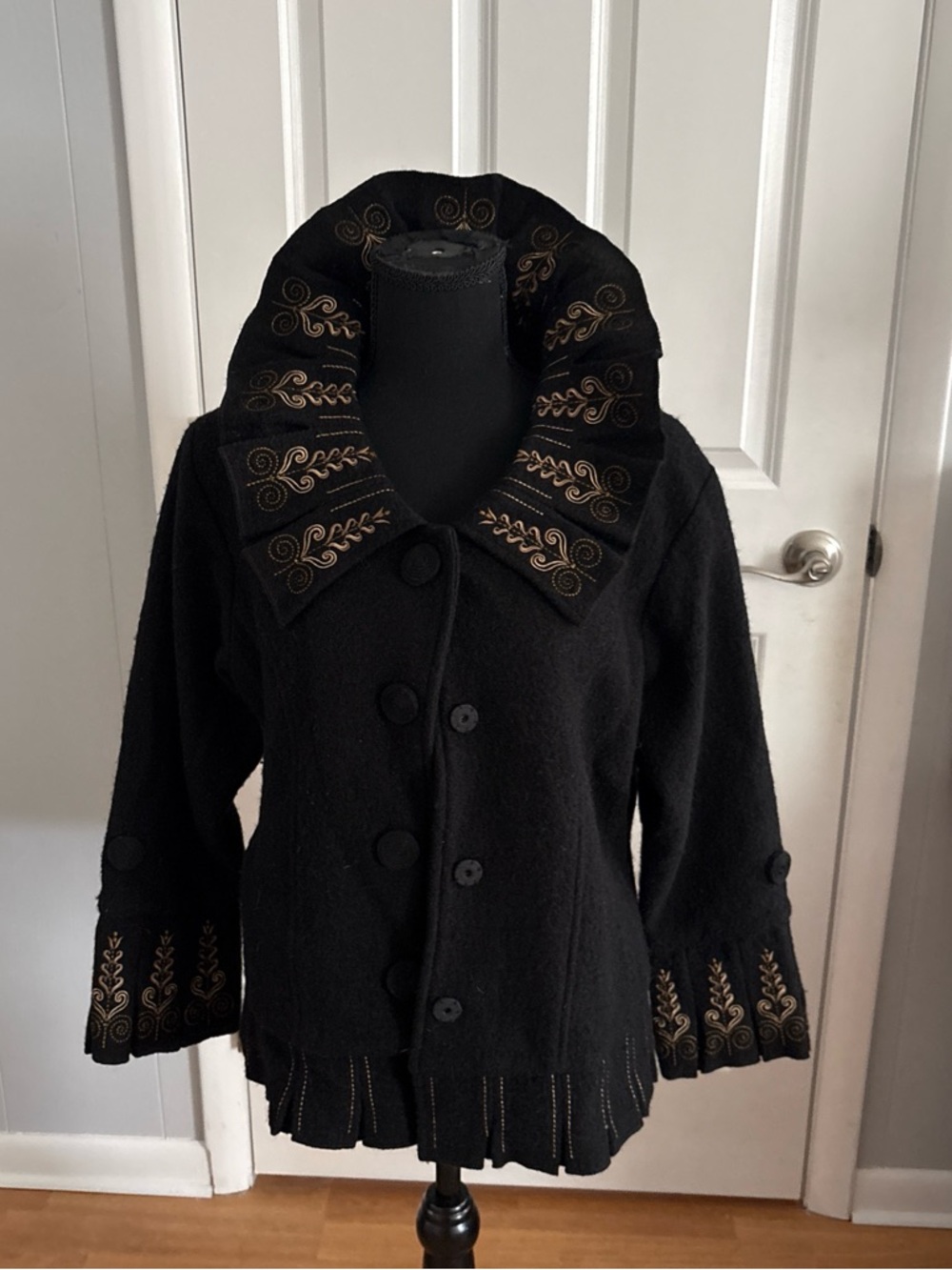 Black Embroidered Collar Wool Blend Jacket
